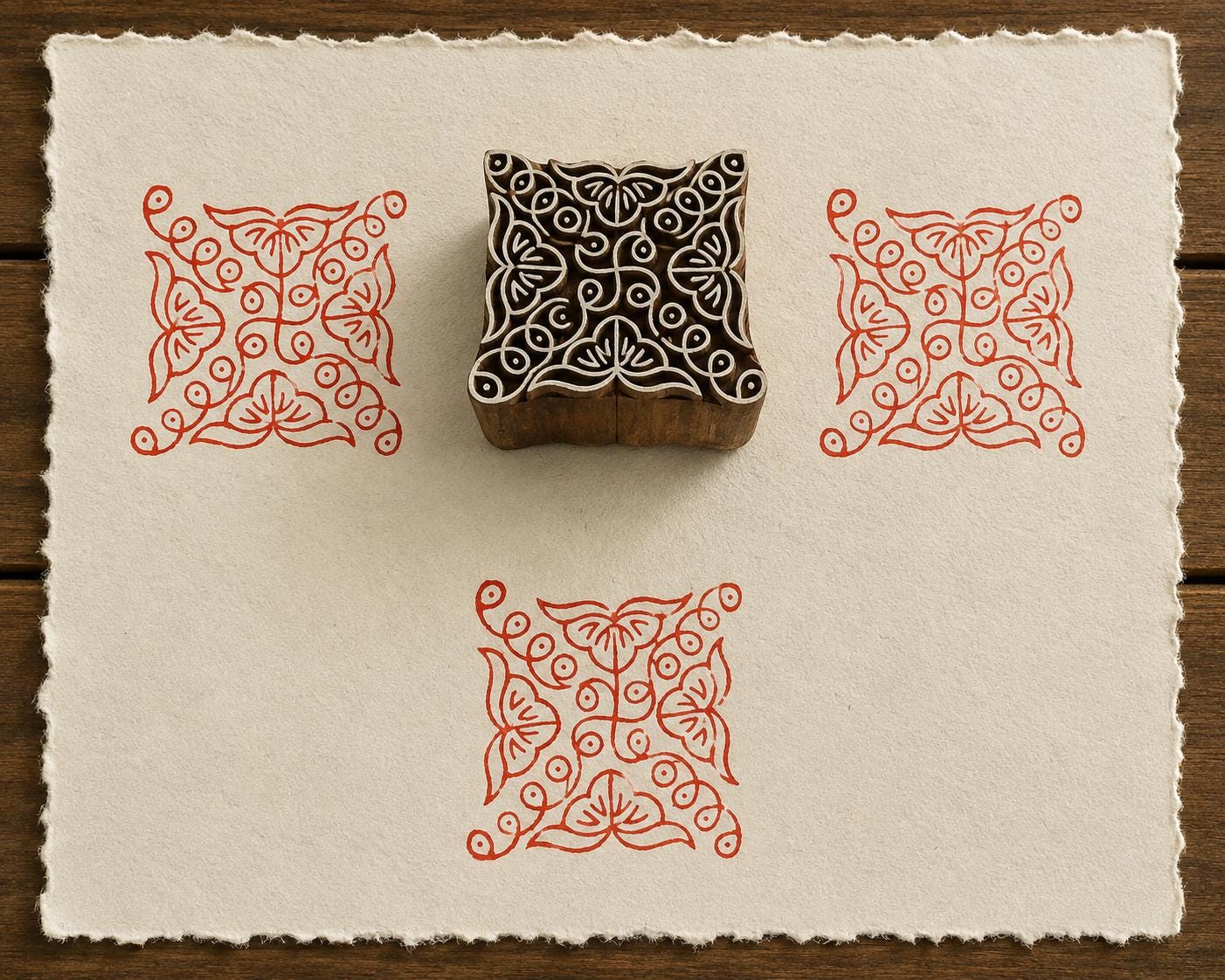 Hand carved Lotus Lattice wooden printing block with symmetrical floral pattern printed on handmade paper for fabric printing, textile design, pottery, clay and paper crafts.