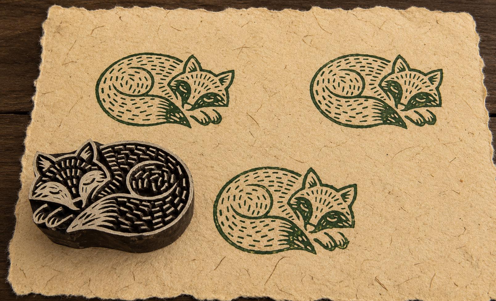 Hand-carved Sleeping Fox wooden printing block with green fox impressions on natural handmade paper.