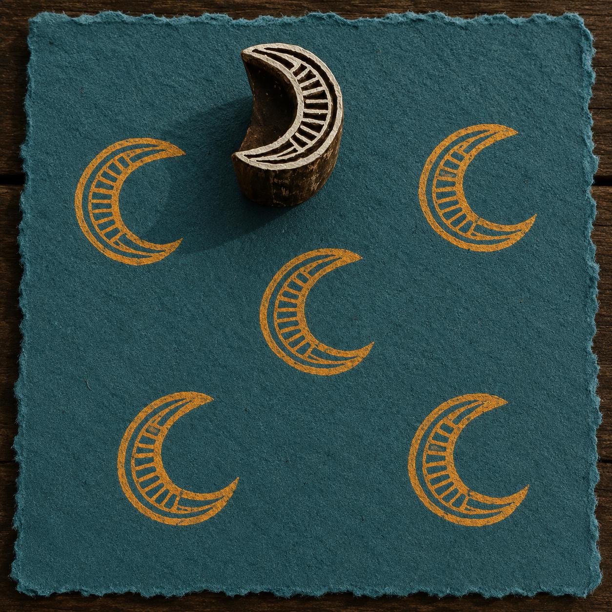 Hand-carved Ornate Crescent Moon wooden printing block with golden crescent moon impressions on textured blue handmade paper.