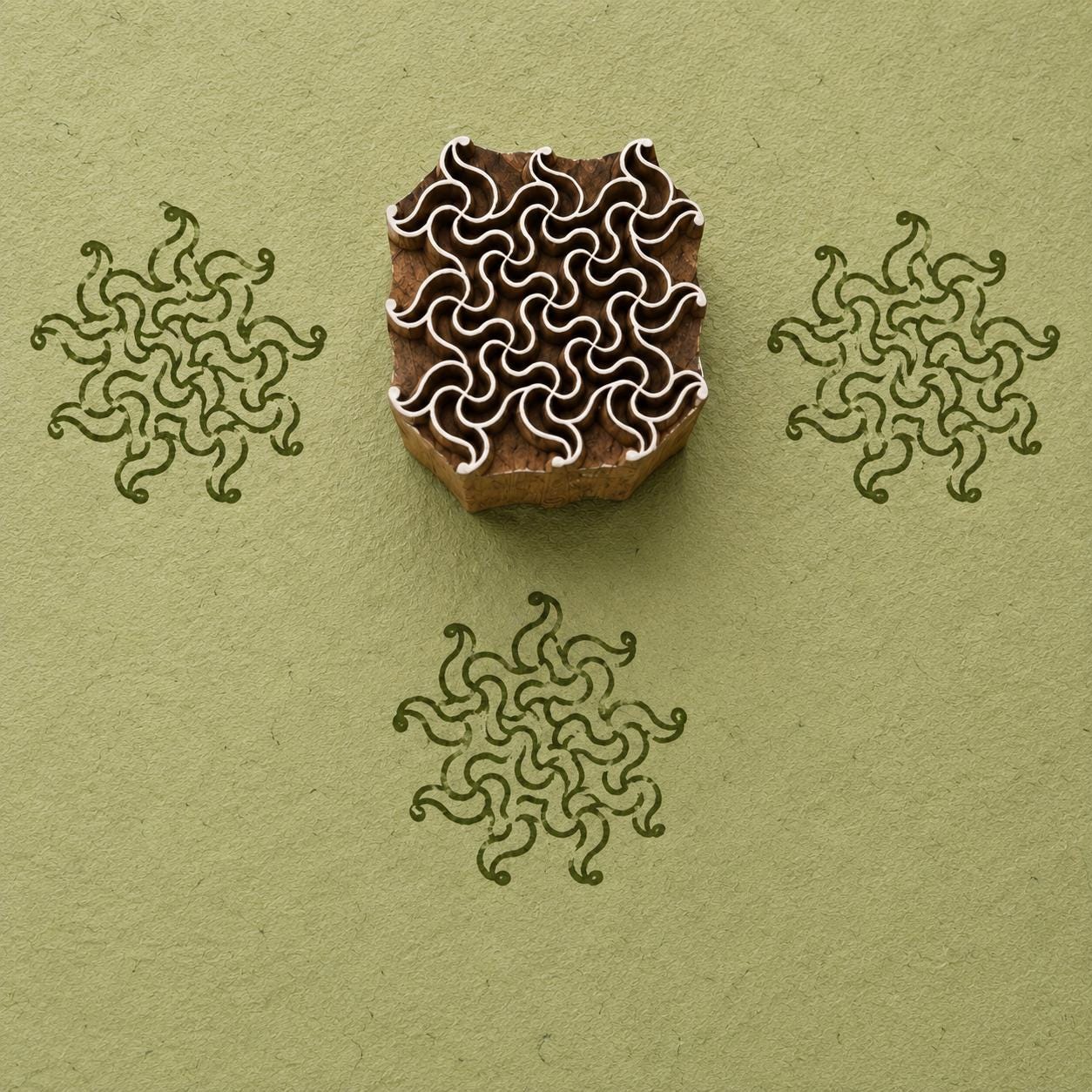 Hand carved wooden printing block with an intricate repeating swirl motif, shown with three dark green impressions on textured sage green handmade paper.