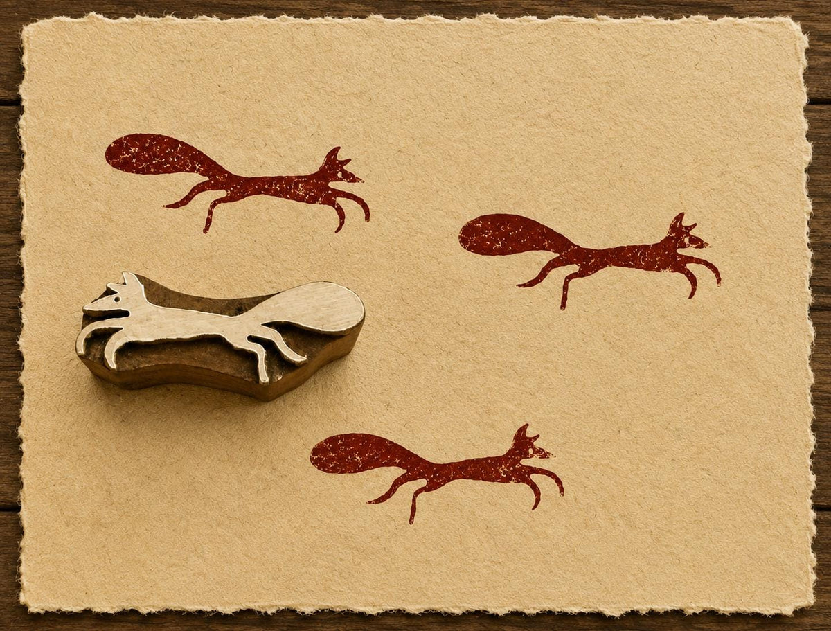 Hand-carved Fox on the Run wooden printing block with rustic brown fox impressions on textured handmade paper.