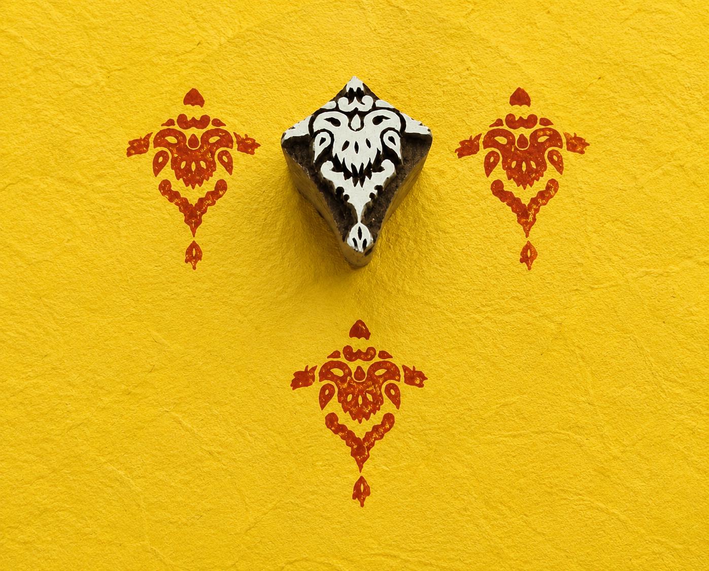 Hand carved Royal Damask wooden printing block with traditional Indian ornamental pattern stamped on handmade paper for fabric printing, textile design, pottery, clay and paper crafts.