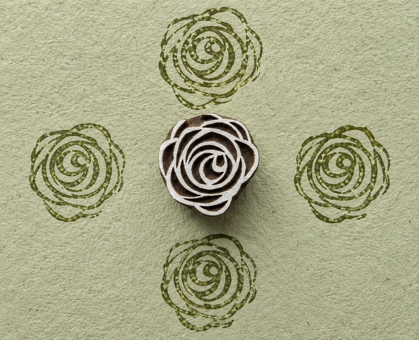 Hand carved wooden rose stamp for block printing on fabric and paper