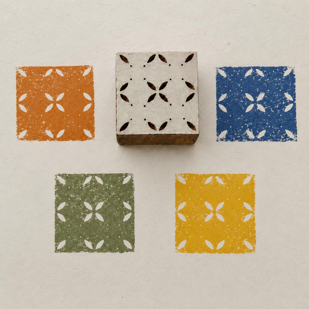 Hand carved Indian wooden textile printing block showing a repeating geometric lattice design with four curved motifs and small dots, printed in orange, blue, green and yellow.
