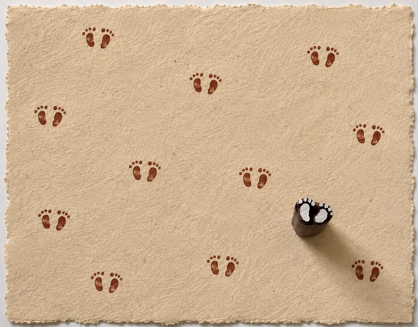 Hand carved little footprint wood stamp shown on natural handmade paper with repeated brown footprint impressions