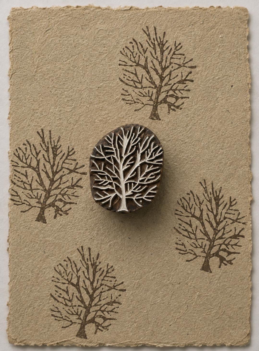 Hand carved wooden winter tree printing block with repeated tree impressions on handmade paper