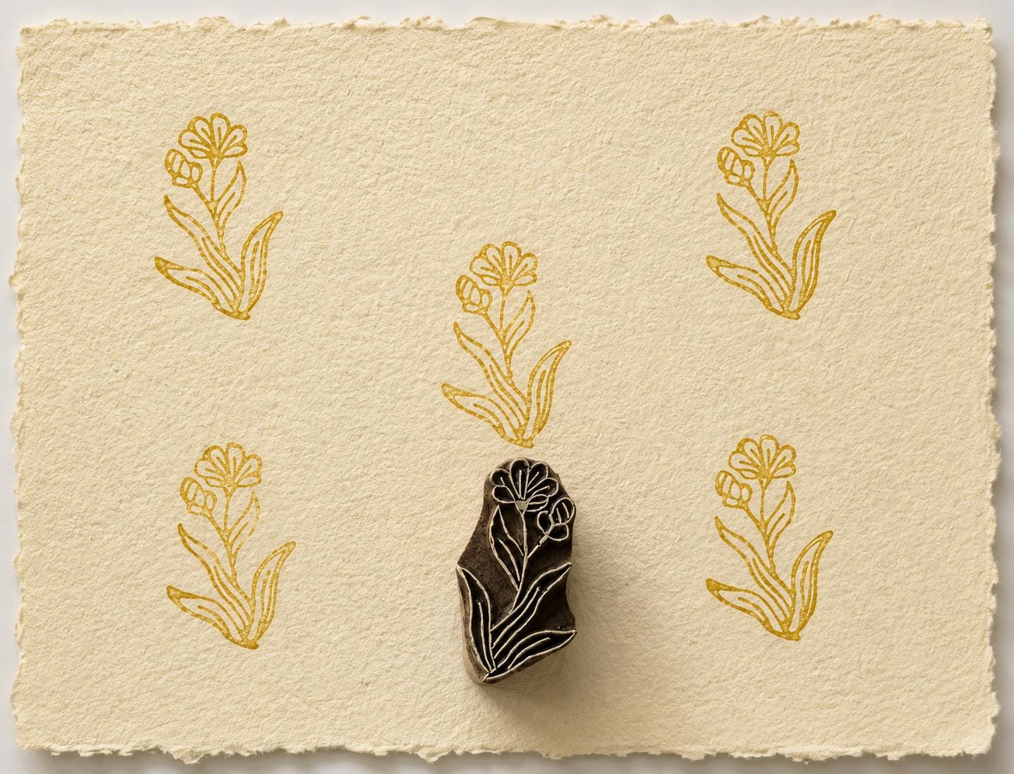 Jungle Flower wooden printing block with repeated ochre floral impressions on handmade paper