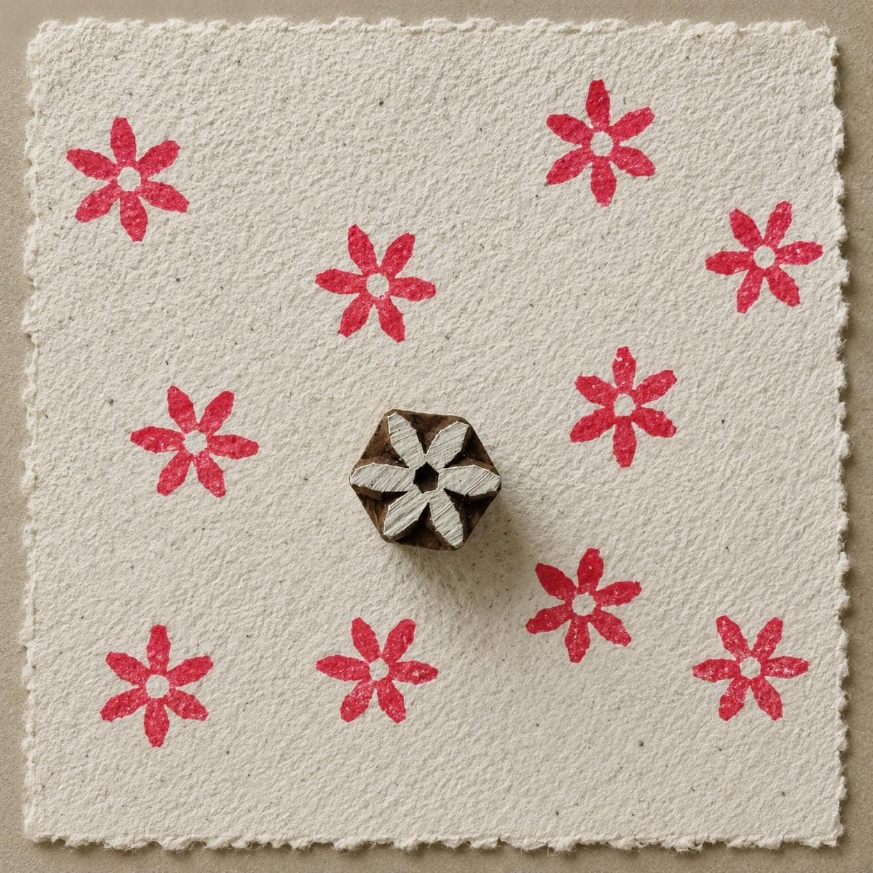 Hand carved six-petal folk flower wooden printing block with repeated red impressions on handmade paper