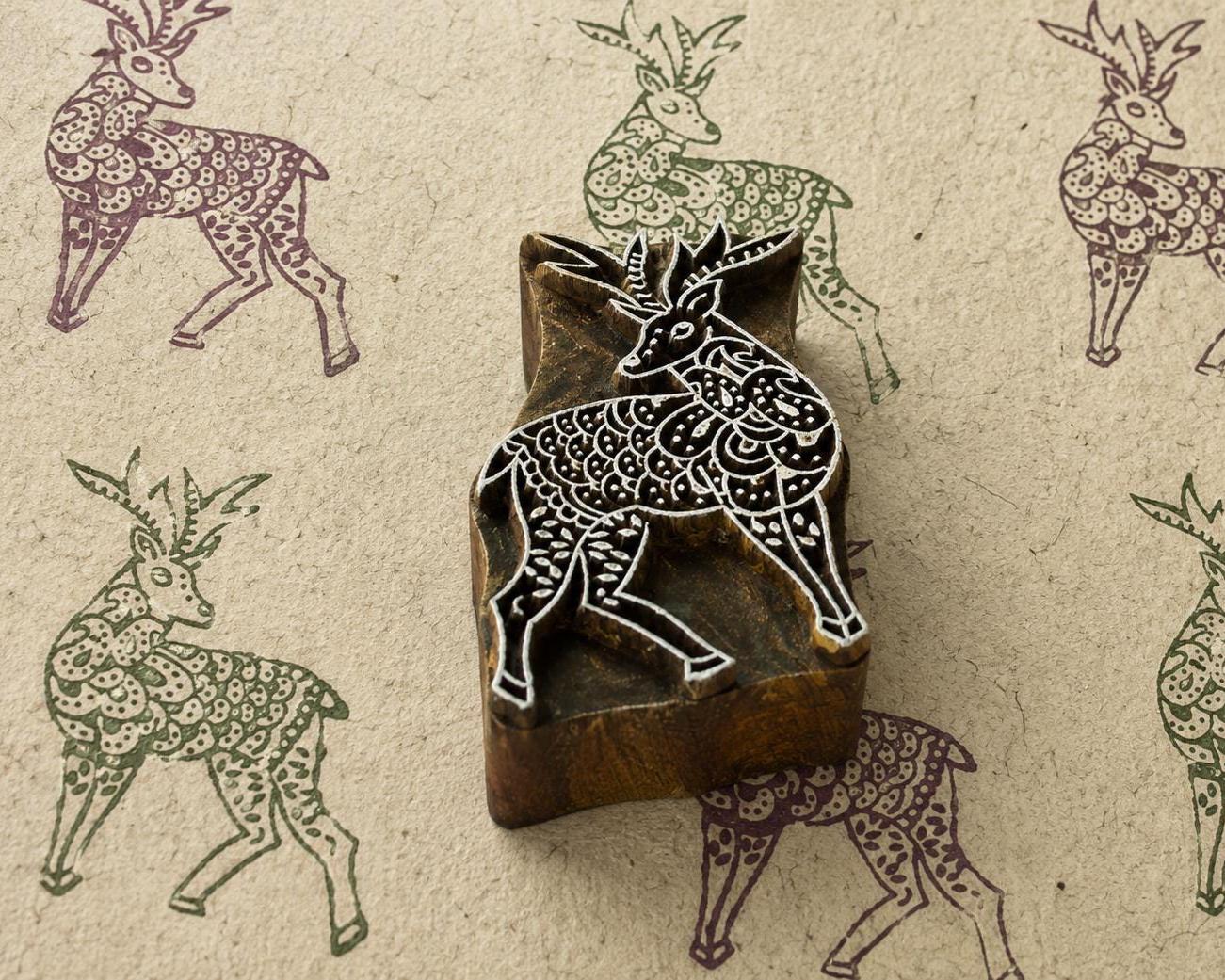 Folk Woodland Deer wooden printing block, hand carved in India with ornate deer details for fabric and textile printing
