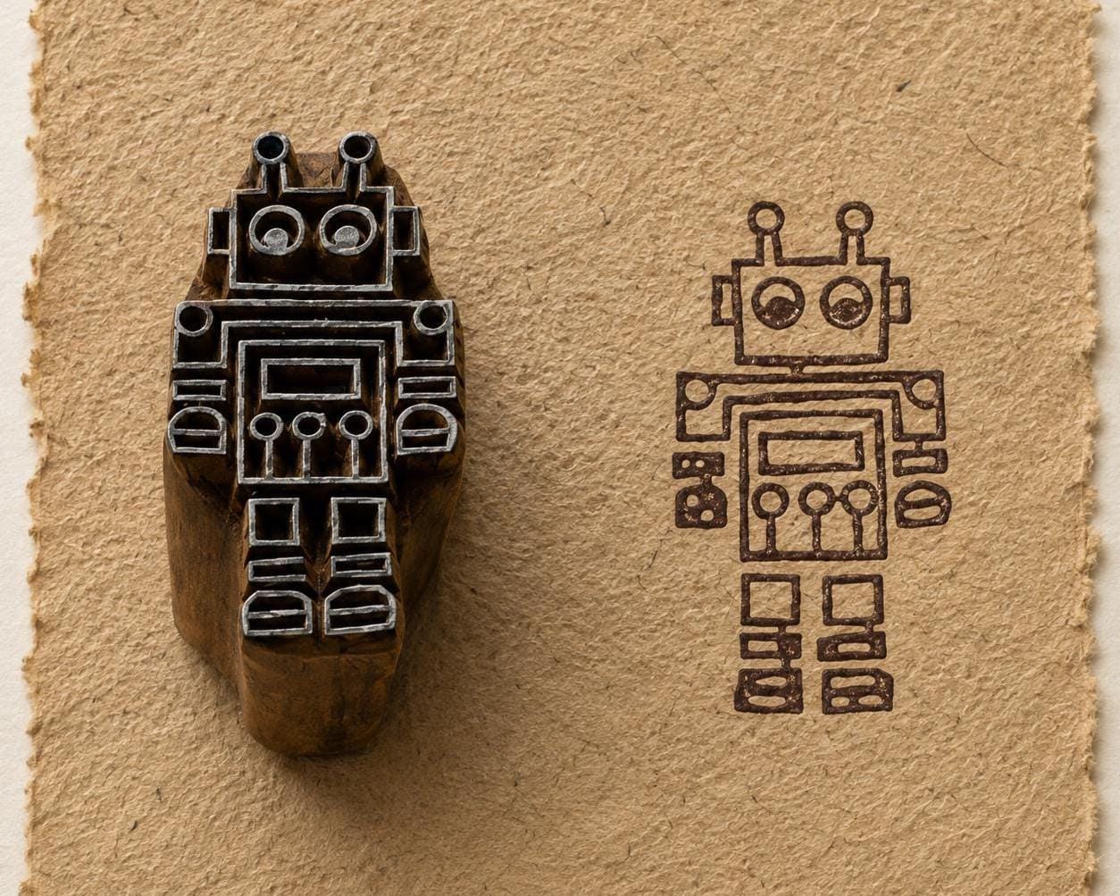 Hand carved wooden robot printing block shown beside its robot print impression on textured handmade paper