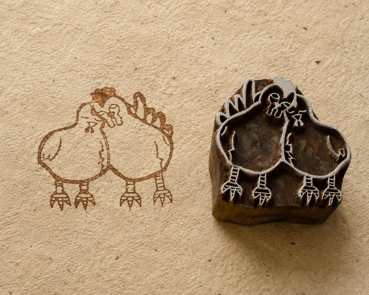 Hand carved Romantic Roosters wooden printing block showing two roosters facing each other in a folk art style