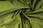 Olive moss faux dupioni silk fabric showing its distinctive textured slub effect and rich muted green colour.