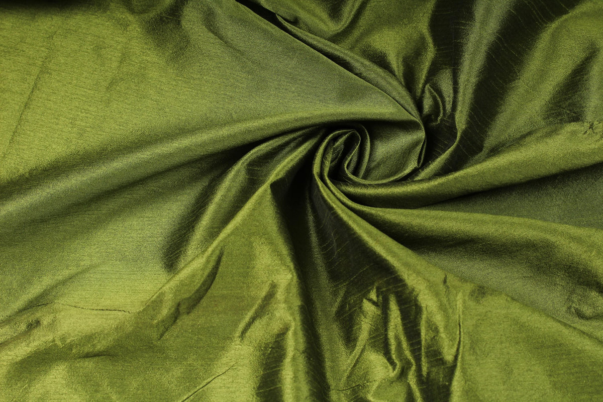 Olive moss faux dupioni silk fabric showing its distinctive textured slub effect and rich muted green colour.