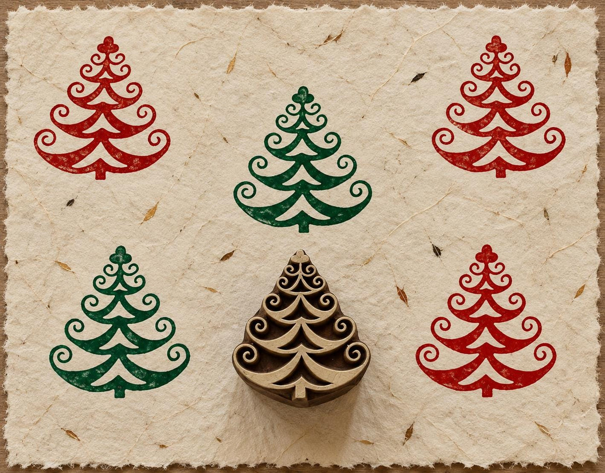 Hand carved ornate Christmas tree wooden printing block with distinctive curled branches and red and green printed impressions on handmade paper.