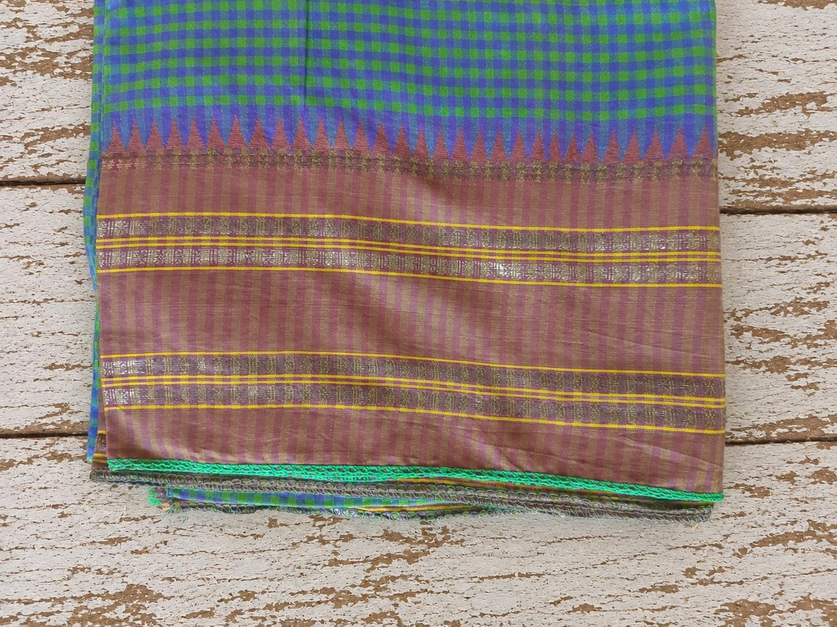 Vintage recycled pure silk saree fabric in green and blue checks, folded to show the full 70 x 80 cm piece