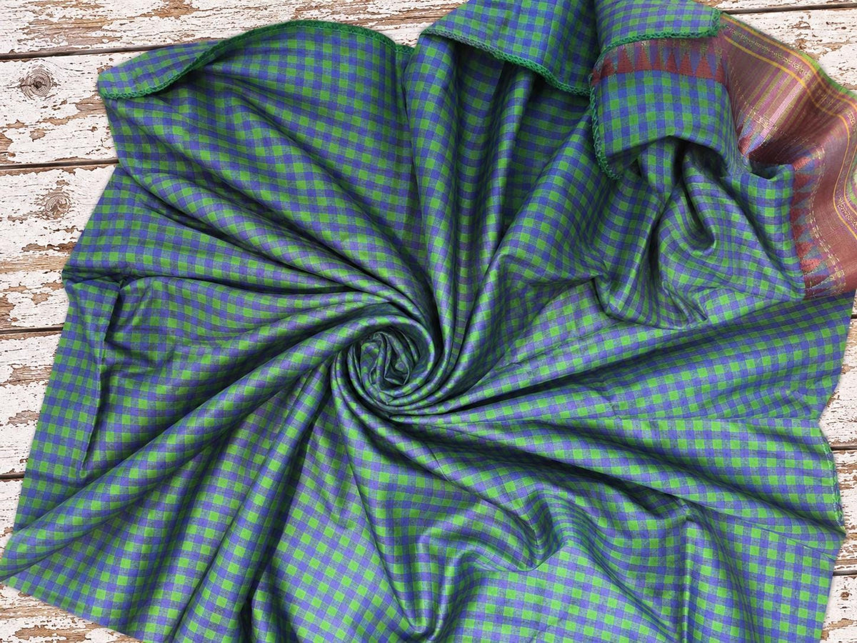 Draped vintage pure silk saree fabric in green and blue checks with contrasting woven border