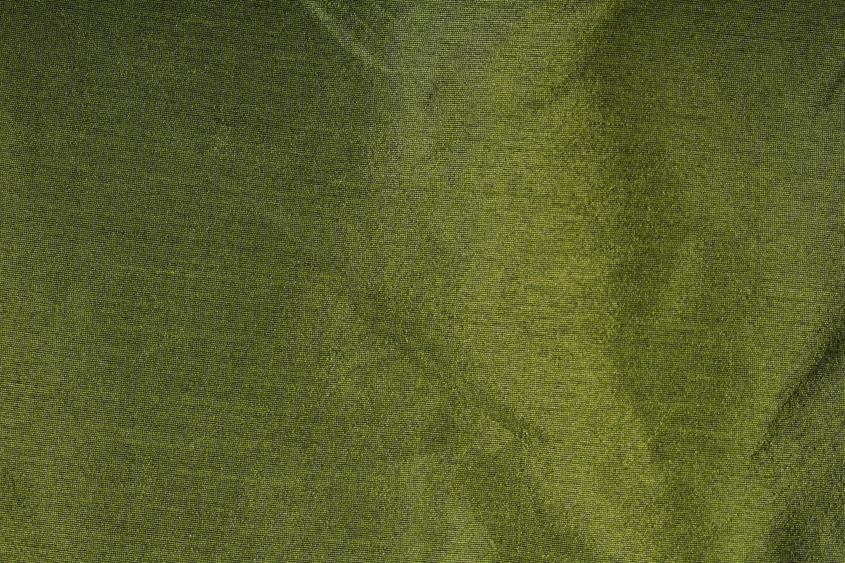 Close-up of olive moss faux dupioni silk fabric with a textured slub appearance and soft lustrous sheen.