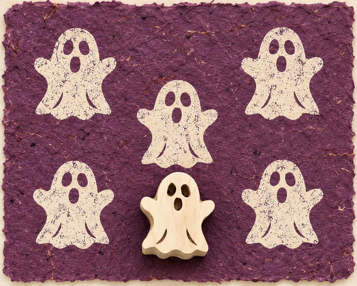 Hand carved Haunting Ghost wooden printing block with five ghost impressions on purple handmade paper.