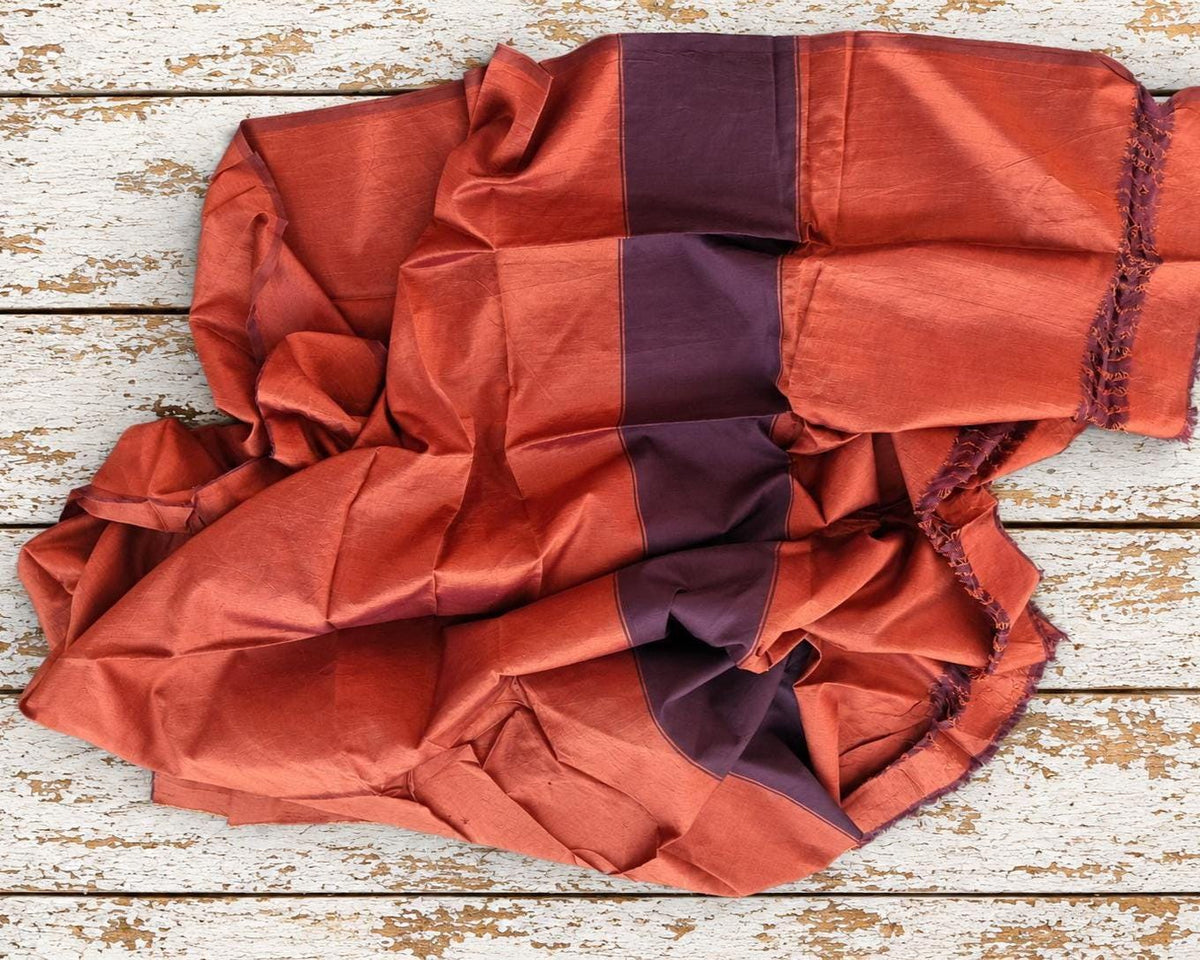 burnt orange vintage silk textile with plum purple woven border