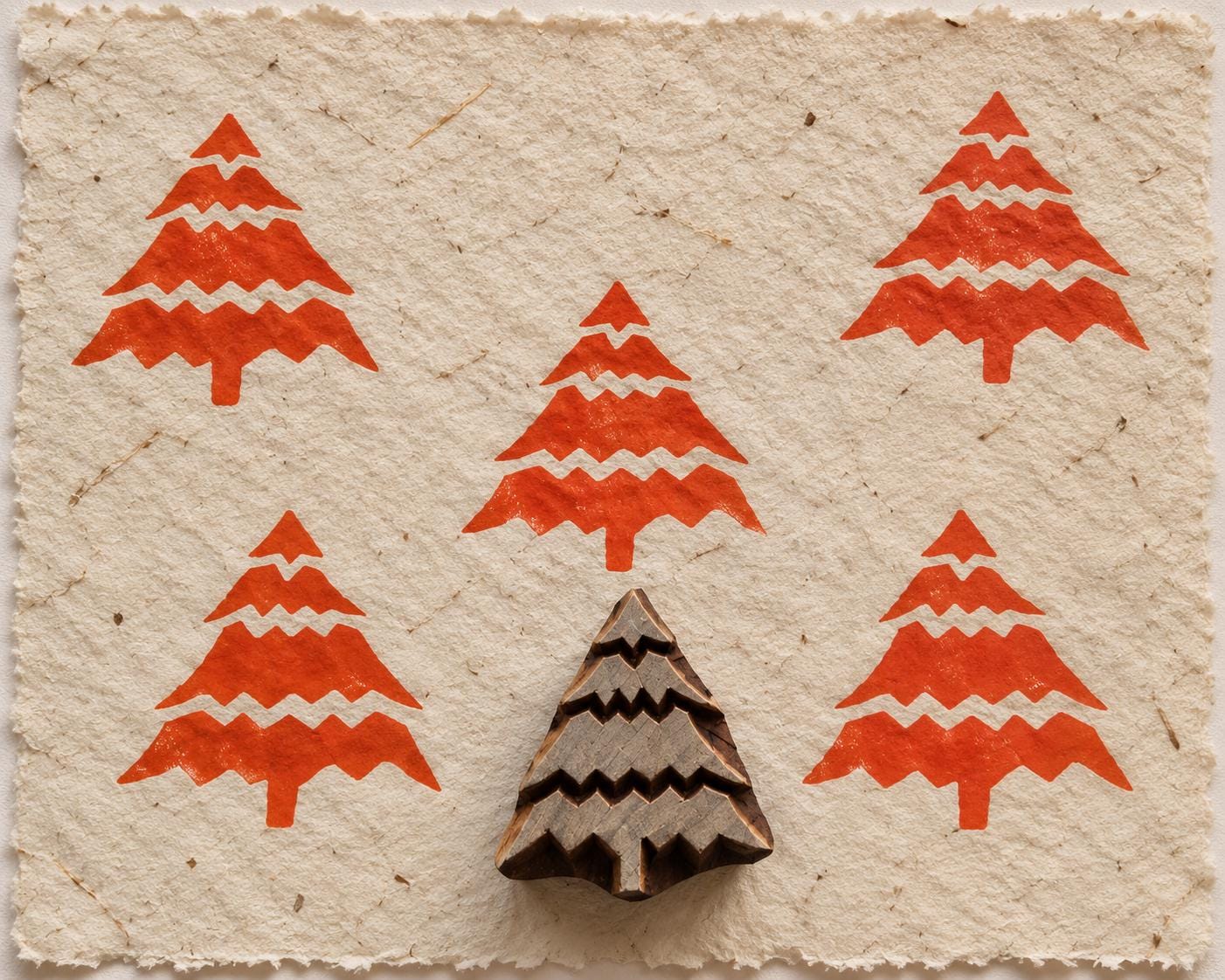 Zigzag Christmas Tree hand carved wooden printing block with repeated red Christmas tree impressions on handmade paper.