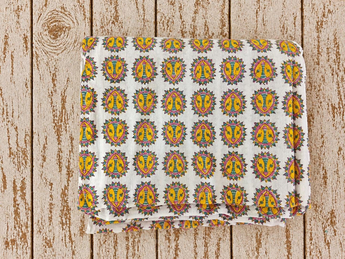 Folded hand block printed mulmul cotton fabric with colourful folk lion motifs