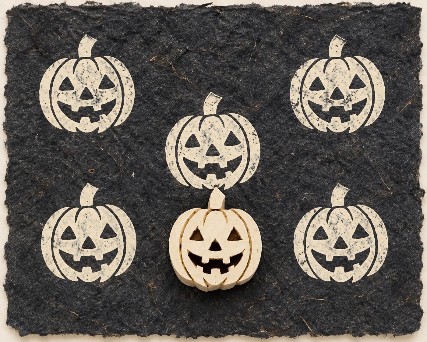 Hand carved Jack-O-Lantern wooden printing block with repeated pumpkin impressions on black handmade paper.