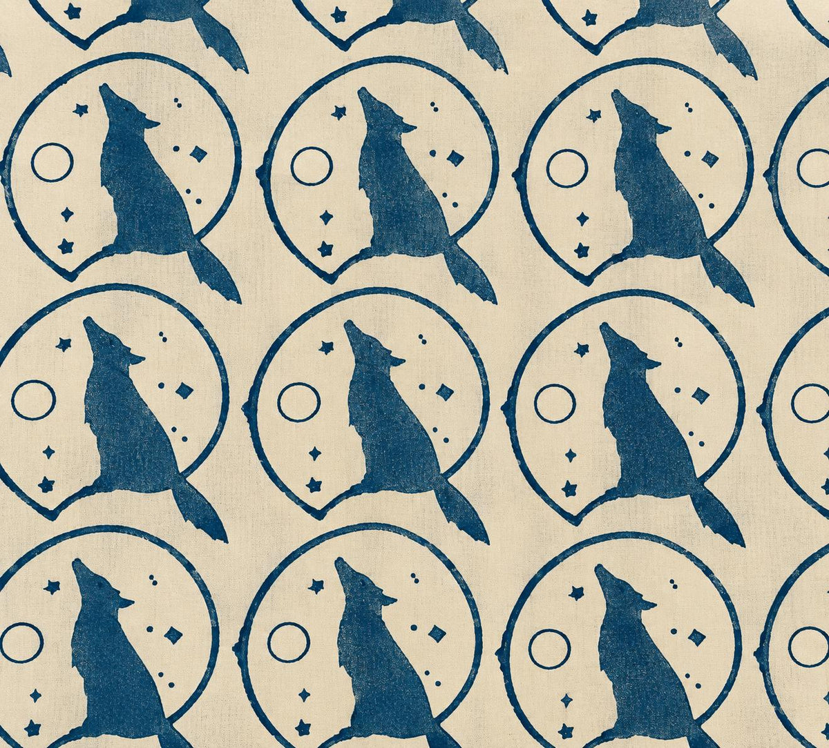 Indigo Howling Wolf Moon pattern on cream hand block printed cotton fabric