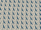 Repeating indigo wolf, moon and stars pattern on cream cotton fabric