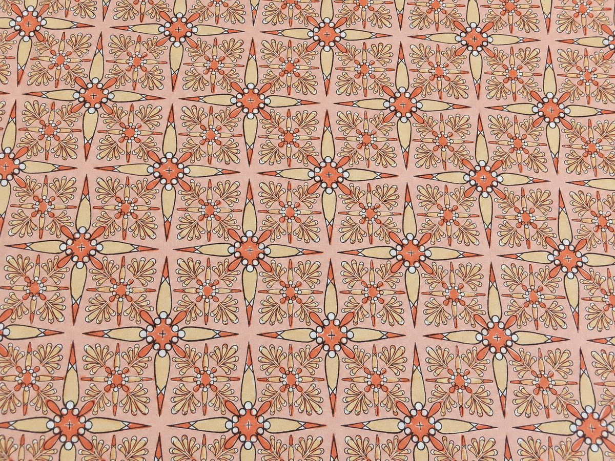 Vintage Starburst pattern on peach hand block printed mulmul cotton fabric