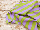 Lavender and lime green striped lightweight cotton fabric, hand screen printed in India