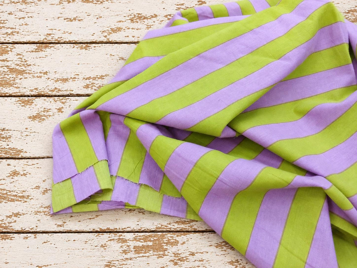 Lavender and lime green striped lightweight cotton fabric, hand screen printed in India