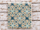 Vintage Starflower hand block printed mulmul cotton fabric in mint green, teal and peach