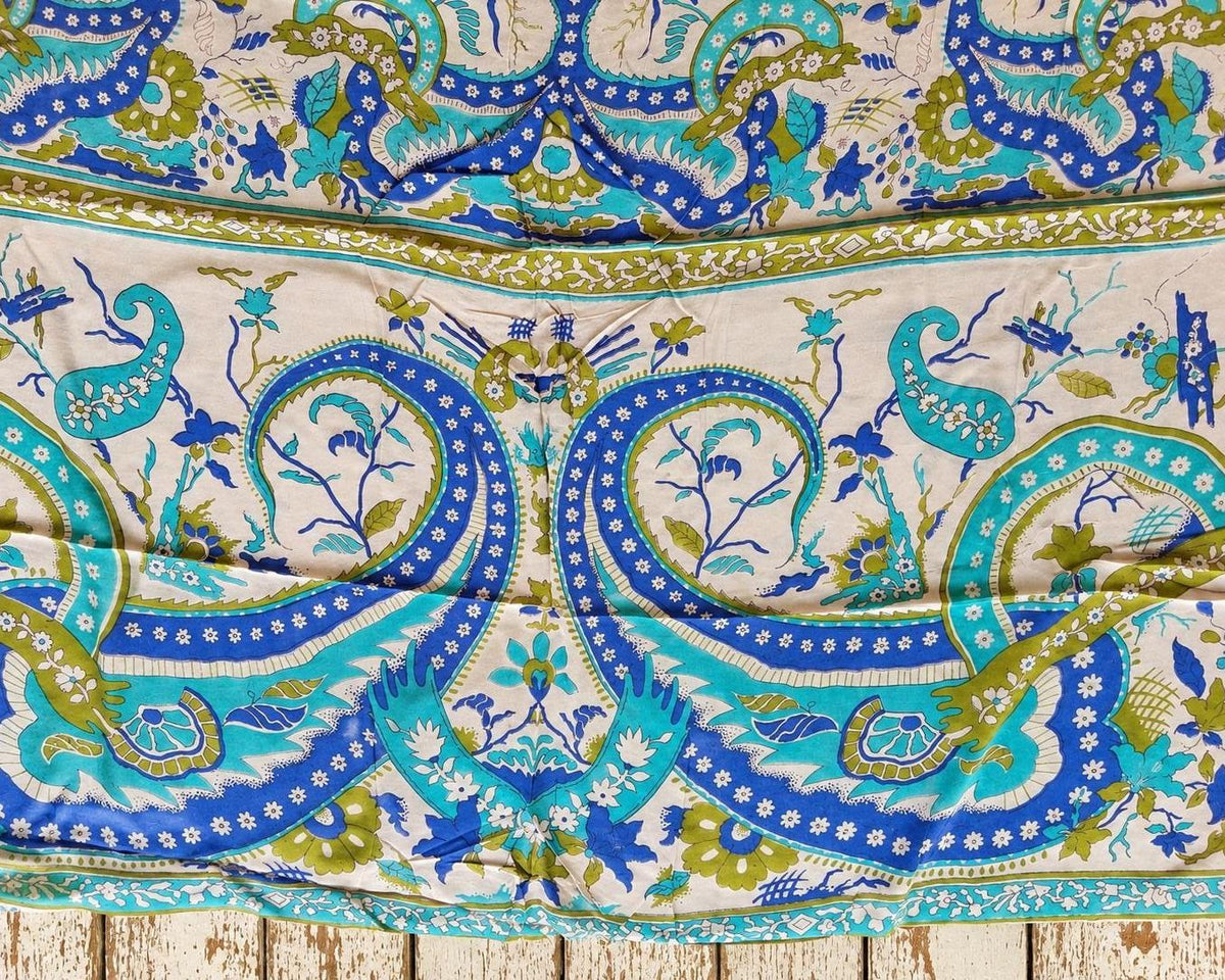 Vintage silk textile with large blue and turquoise paisleys, green accents and ivory background.
