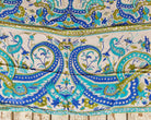 Vintage silk textile with large blue and turquoise paisleys, green accents and ivory background.