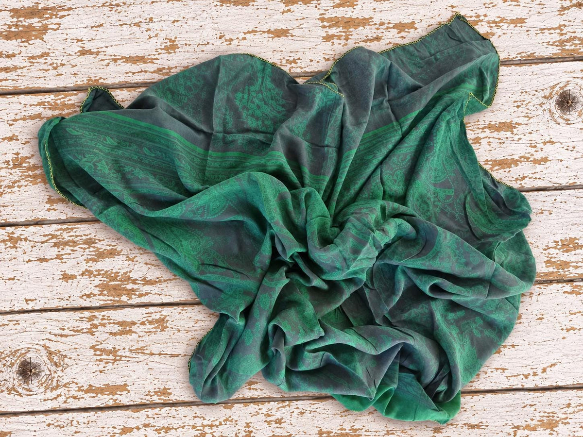one metre square vintage green sari silk fabric with floral paisley pattern
