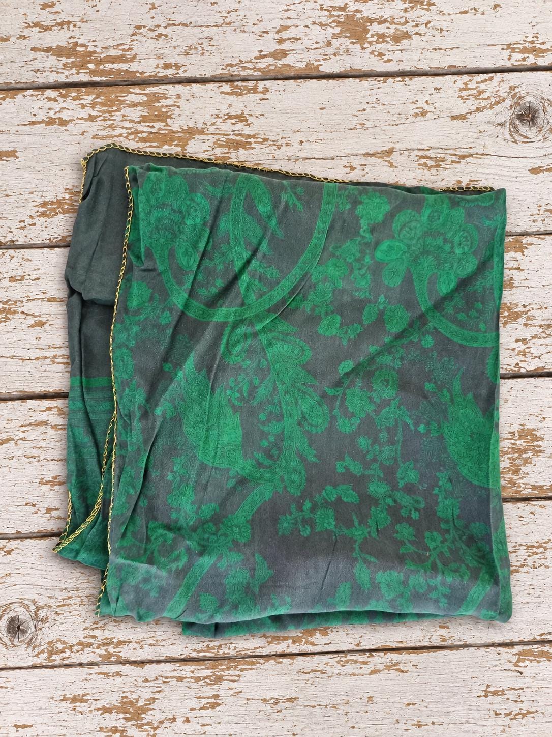 vintage green sari silk fabric with emerald floral and paisley pattern