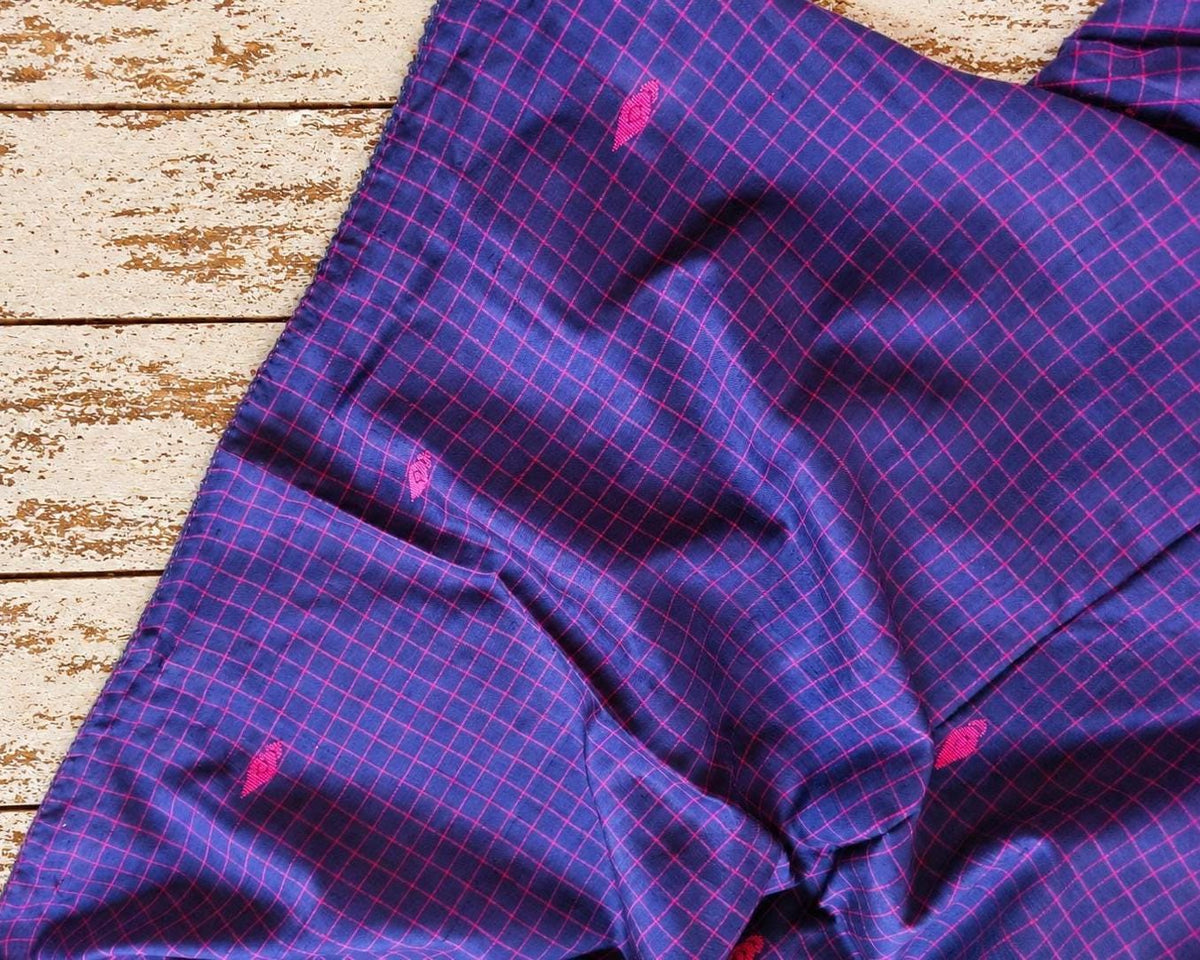 Vintage Sari Silk Remnant, Indigo Blue Pink Grid Textile, Stitched Edges, Recycled Indian Fabric