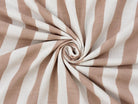 Close view of taupe and white stripes on lightweight hand screen printed cotton fabric