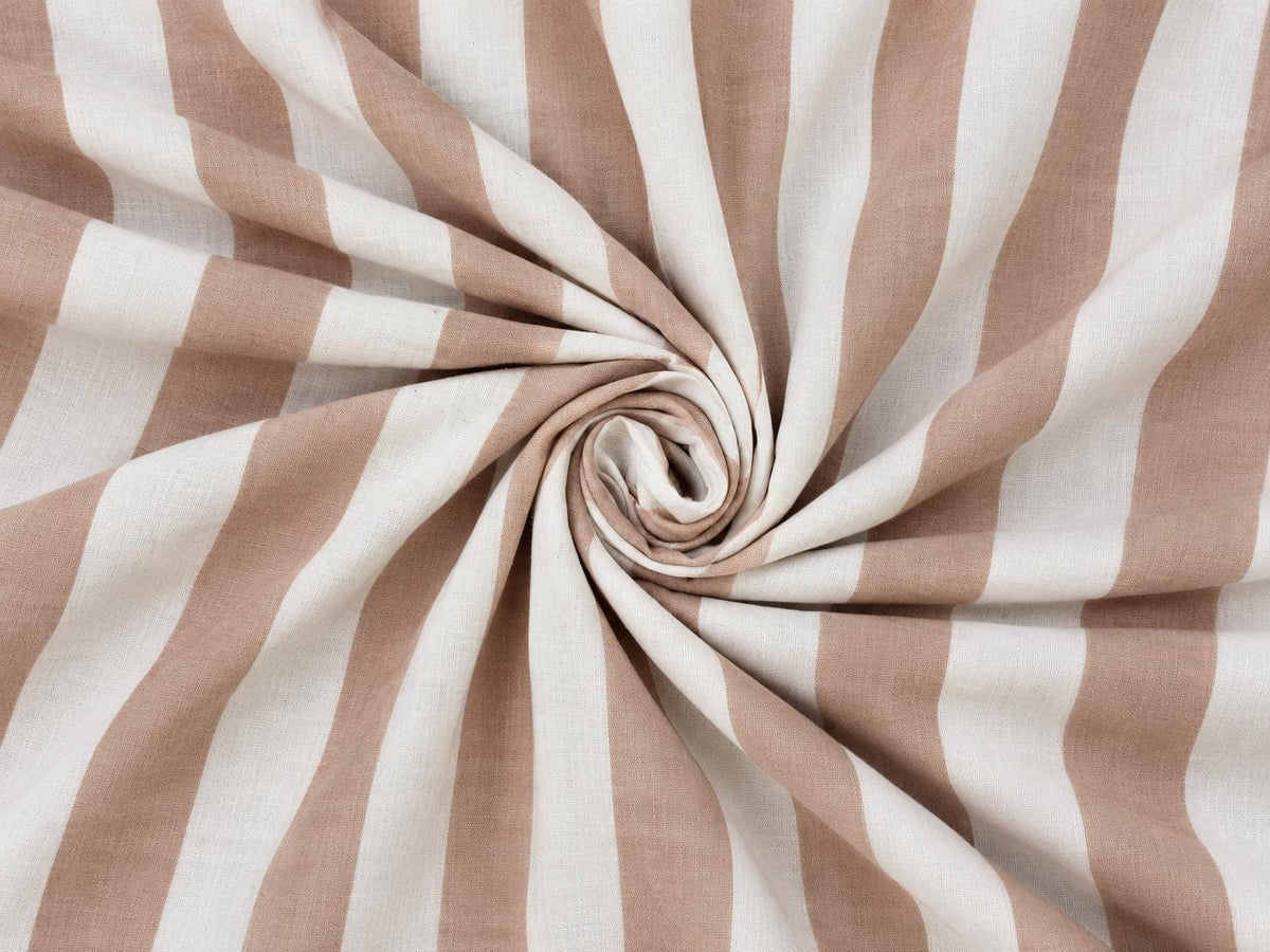 Close view of taupe and white stripes on lightweight hand screen printed cotton fabric