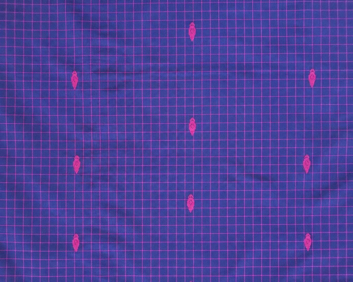 Vintage Sari Silk Remnant, Indigo Blue Pink Grid Textile, Stitched Edges, Recycled Indian Fabric