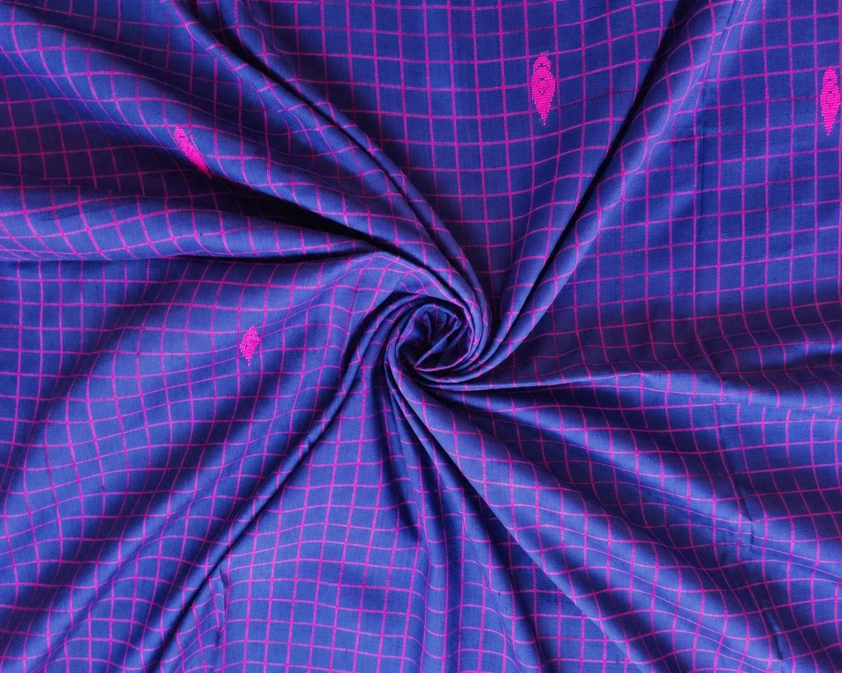Vintage Sari Silk Remnant, Indigo Blue Pink Grid Textile, Stitched Edges, Recycled Indian Fabric