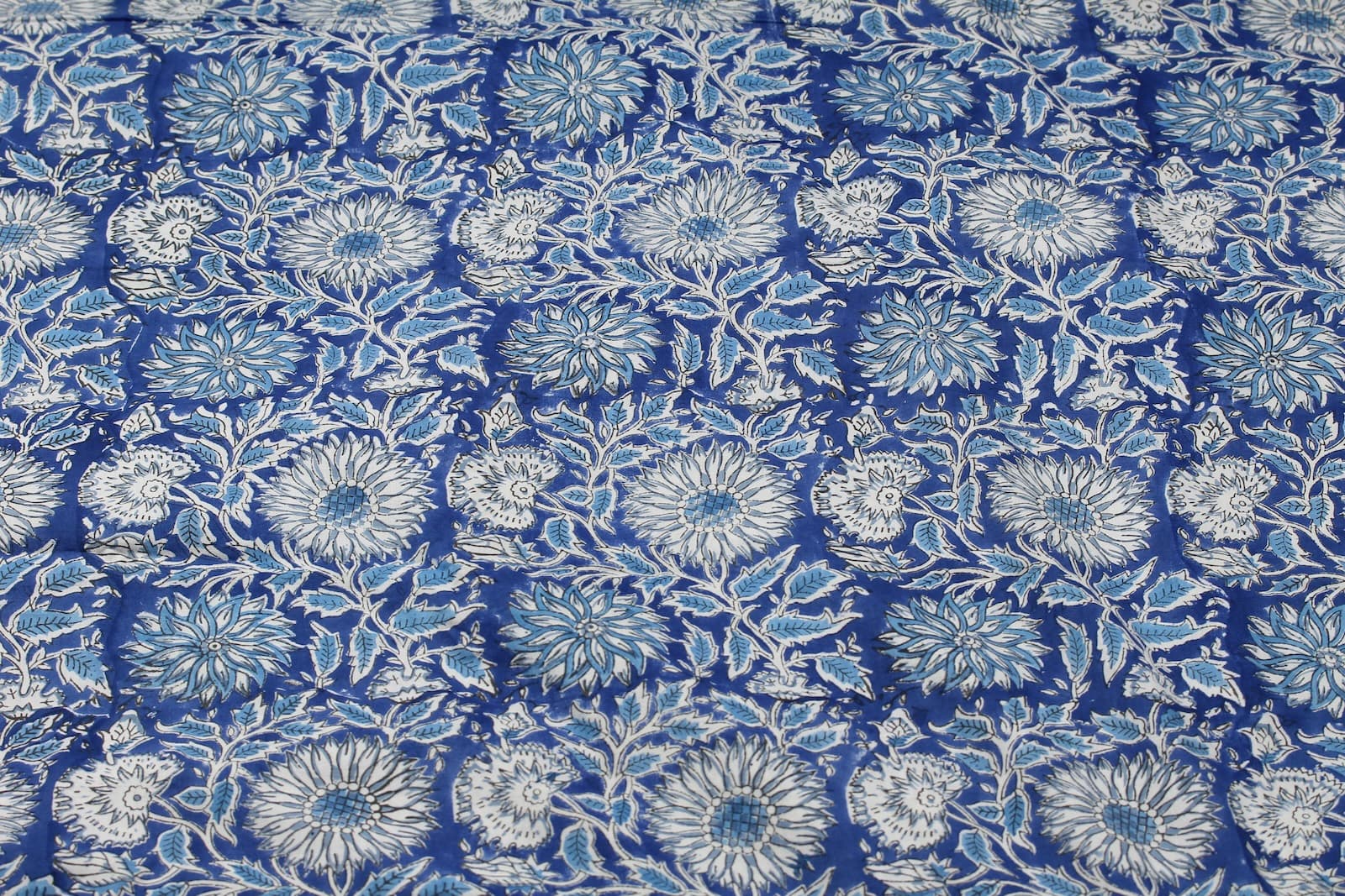 Indigo Chrysanthemum Heritage hand block printed cotton fabric featuring blue and ivory floral motifs on a rich indigo background