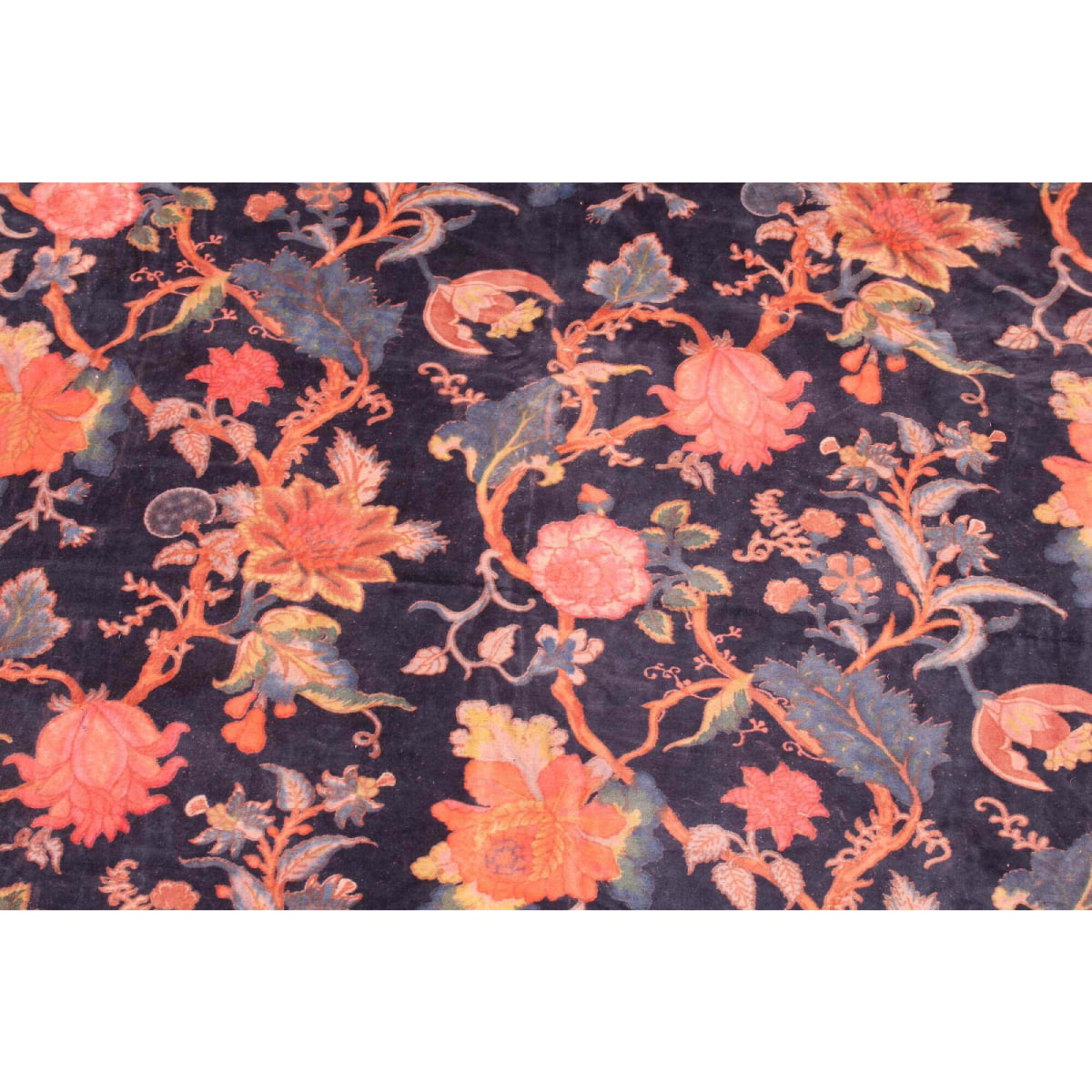 Hand-printed deep blue cotton velvet with red and blue floral pattern – flatlay view