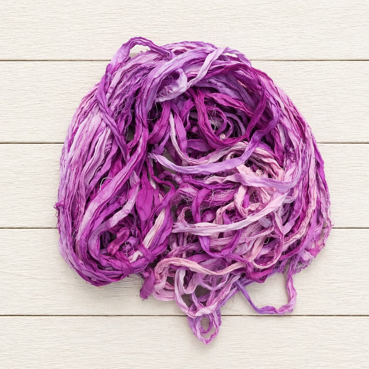 Orchid Bloom recycled sari silk ribbon yarn in orchid and blush pink shades