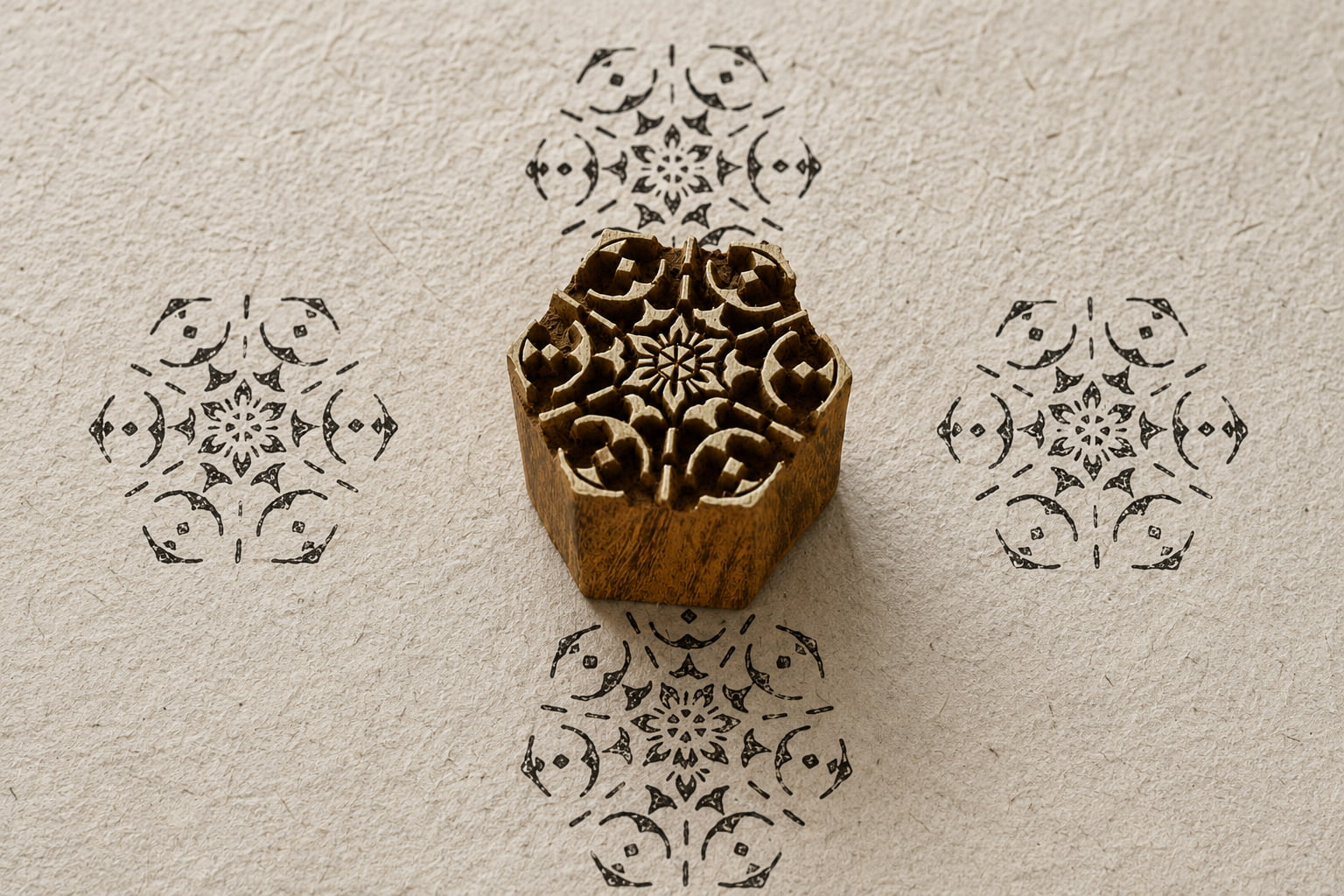 Nordic Snowflake wooden printing block hand carved in India, creating geometric impressions for fabric and textile printing