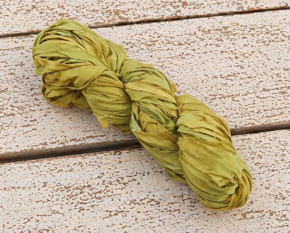 Olive green chiffon silk ribbon yarn skein with soft flowing texture