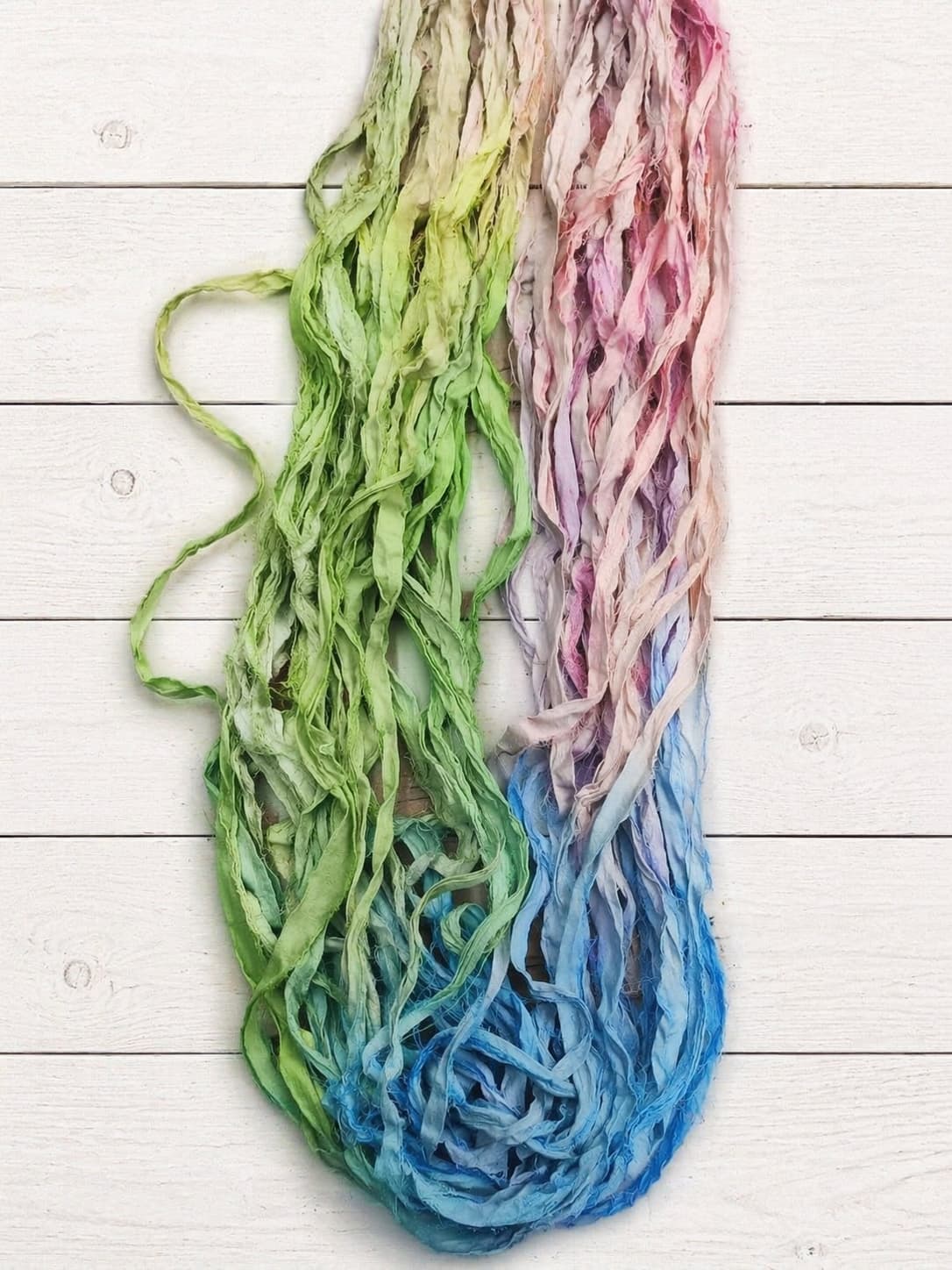 Pastel Meadow recycled sari silk ribbon yarn in soft pastel rainbow shades