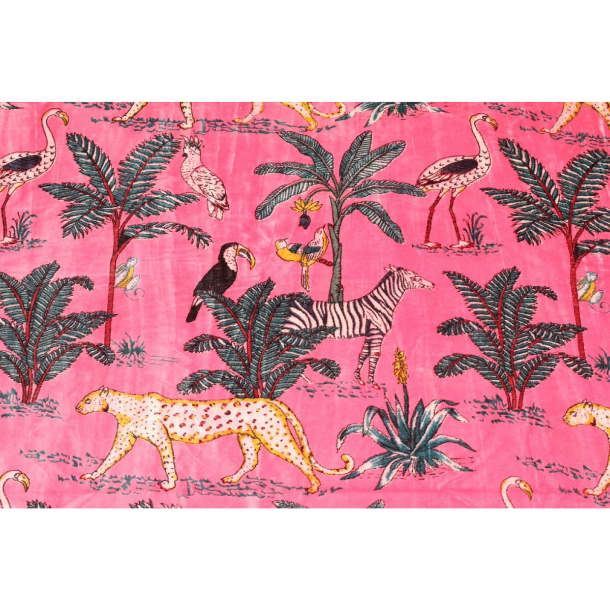 Close-up of hand-printed cheetah and bird motifs on pink velvet