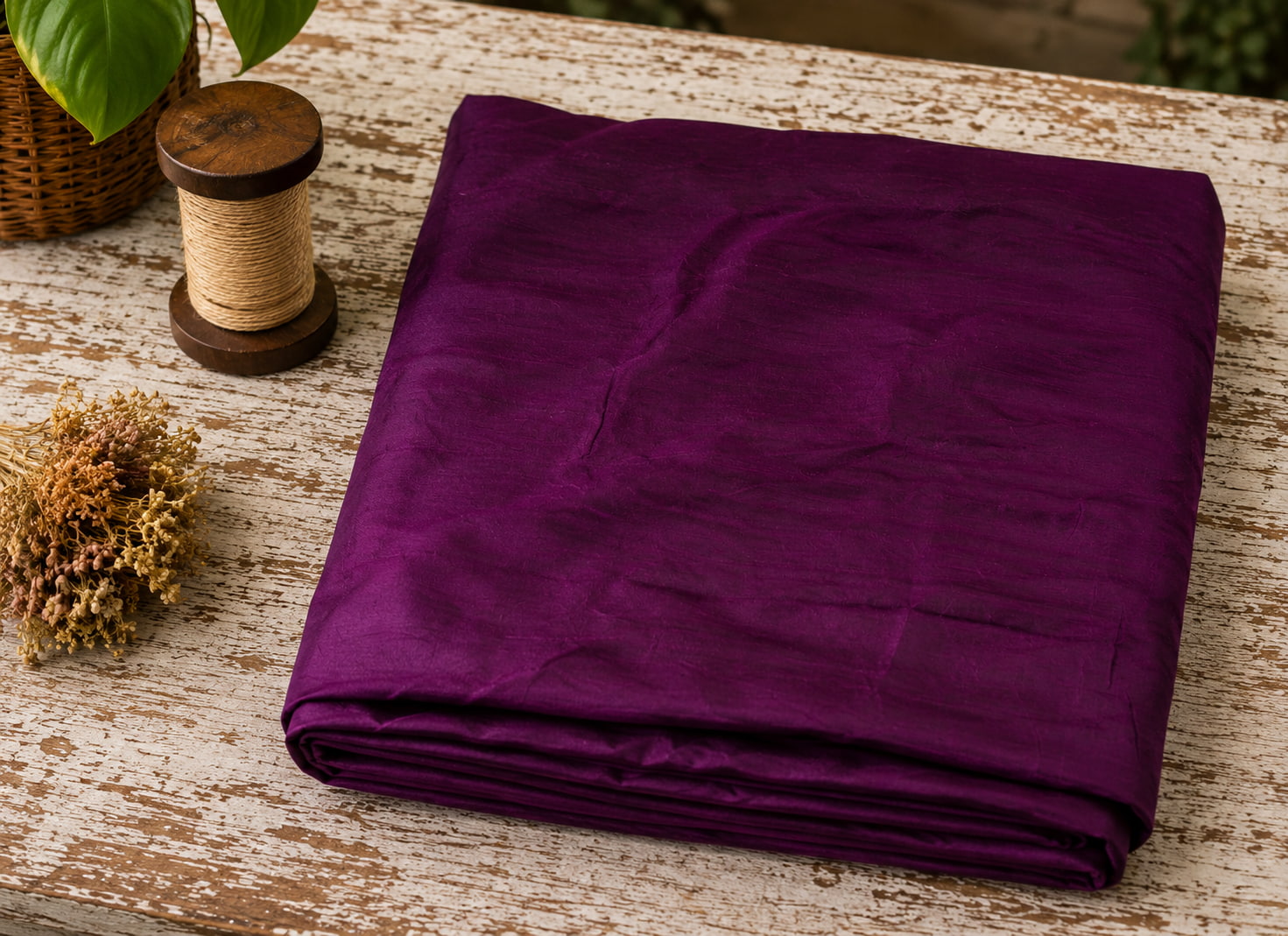 Plum Purple Dupion Silk Fabric folded to showcase its rich purple colour, natural silk texture, and elegant sheen