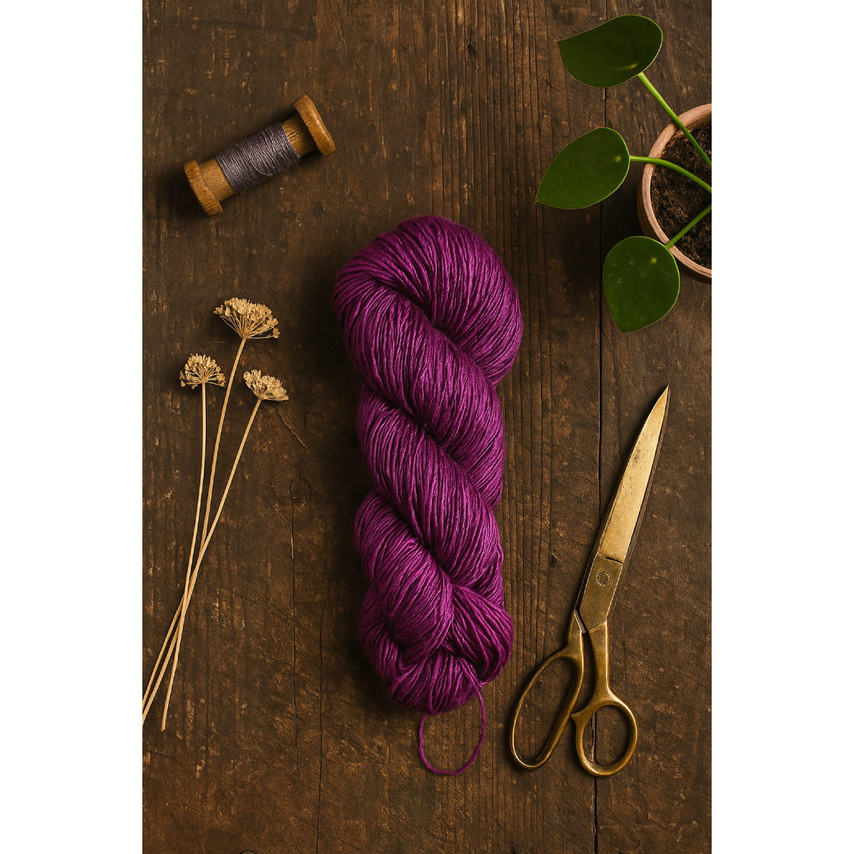 Deep purple handspun Eri silk yarn on a brown table – natural Himalayan peace silk fiber